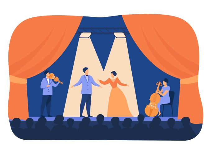 Opera singers playing on stage with musicians